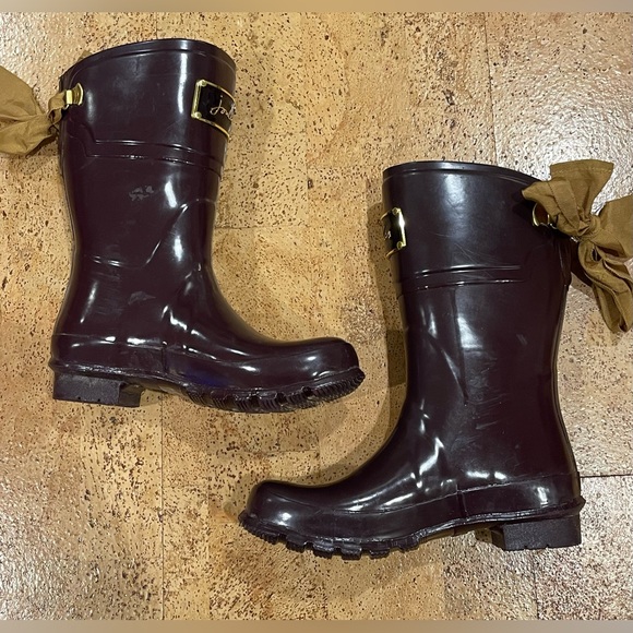 Joules Evedon Womens Short Rain Boots Gloss Burgundy  w/ Yellow Ribbon 7 US - Picture 6 of 16